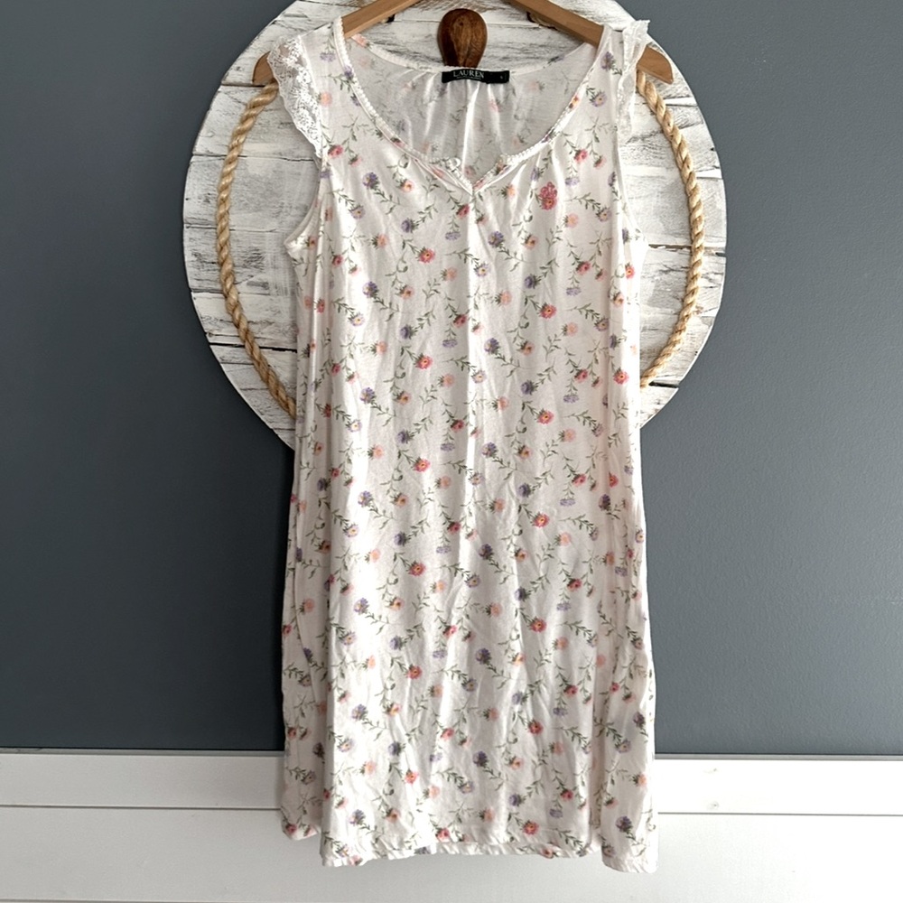 Ralph Lauren White and Pink Chemise with Lace Trim